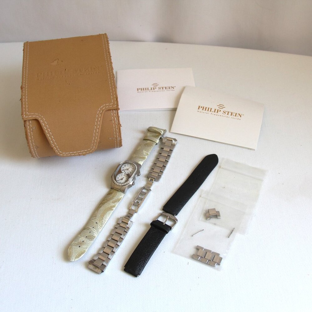 Phillip Stein Teslar Dual Time Diamond Bezel Ladies Watch. Gorgeous Stainless
